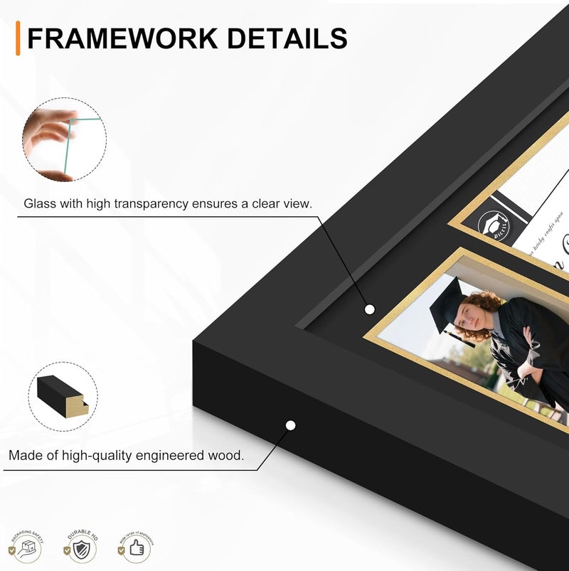 Picrit 11x19 Wood Diploma Frame and Pictures Frame for 8.5x11 Certificate/Degree Document & 5x7 Graduation Photos, with Tempered Glass, Black over Gold Mat, Wall Mount Display - Image 3